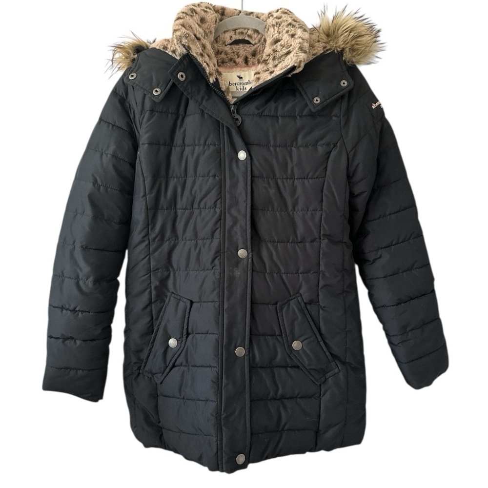 Abercrombie Kids Black Longline Faux Fur Trim Hooded Ultra Parka Jacket